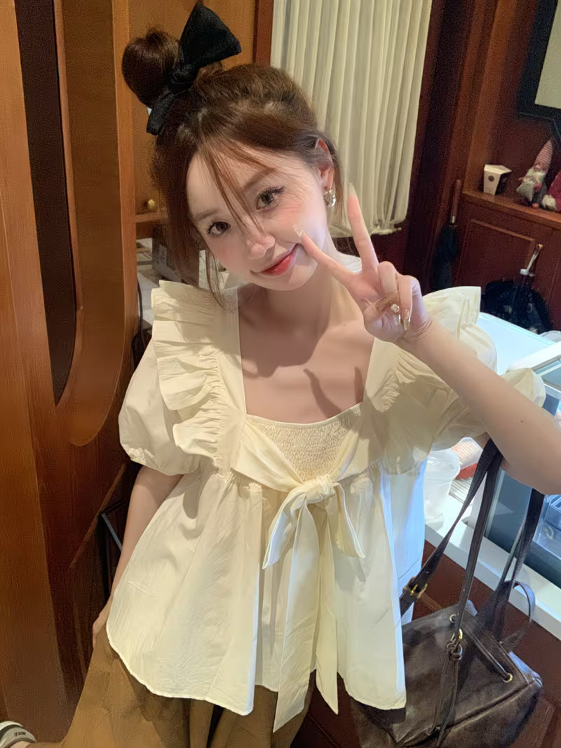Summer New Arrivals Hot: Fashionable Sweet Bow Short-Sleeve Shirt for Women, Summer 2026, Ruffled Lace-Up Babydoll Shirt, Ins Style