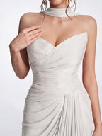 Women's Strapless Ruched Wrap Evening Gown - Dusty Pink Shimmery Chiffon Floor-Length Dress