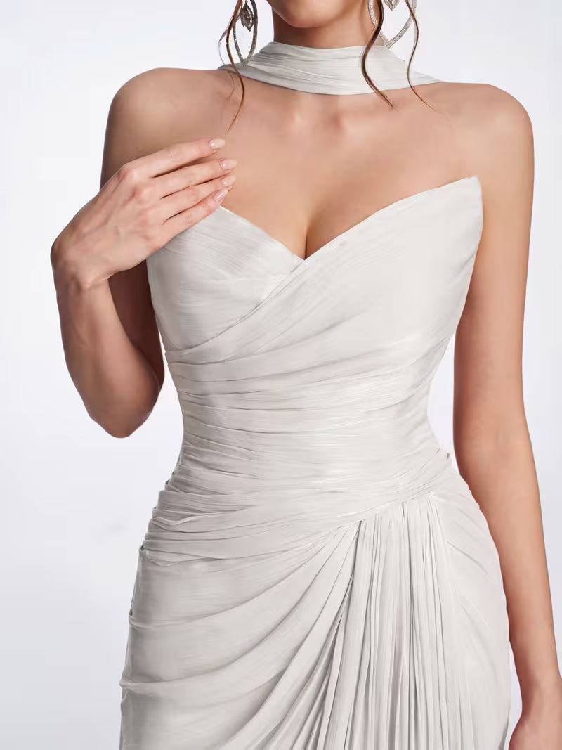 Women's Strapless Ruched Wrap Evening Gown - Dusty Pink Shimmery Chiffon Floor-Length Dress