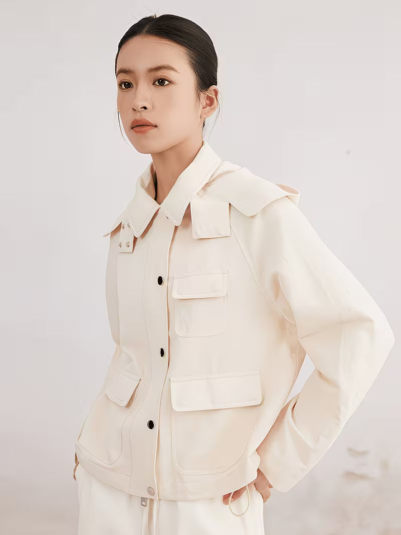 Early Spring Must Have Womens 51 Percent 49 Percent Linen Loose Short Jacket Versatile Workwear Chic with Shoulder Epaulets Lapel Collar Drawstring Waist Effortless Cool Vibe Breathable