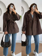 Wide Lapel Epaulet Short Trench Coat Women Detachable Waist Tie Double Breasted Loose Drop Shoulder Long Sleeve Coffee Petite Commuter