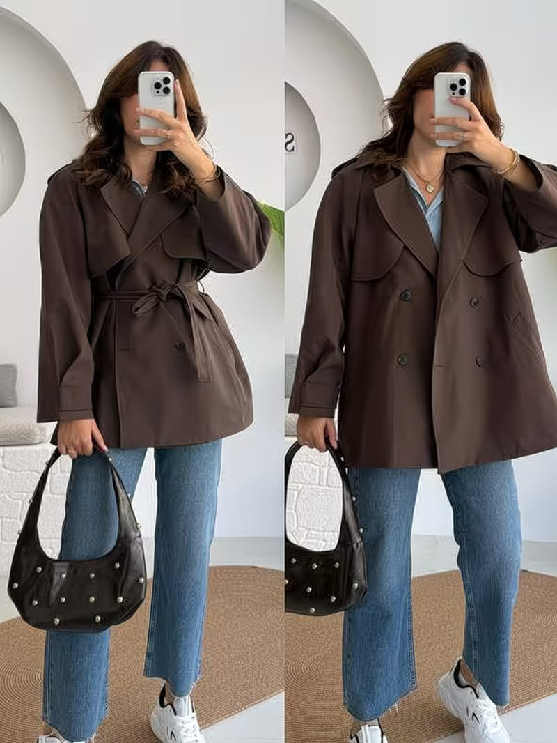 Wide Lapel Epaulet Short Trench Coat Women Detachable Waist Tie Double Breasted Loose Drop Shoulder Long Sleeve Coffee Petite Commuter