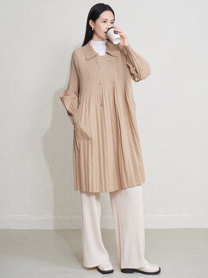 Elegant Pleated Trench Coat for Women, Loose Fit Lapel Long Outerwear with Minimalist High-End Style