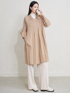 Elegant Pleated Trench Coat for Women, Loose Fit Lapel Long Outerwear with Minimalist High-End Style