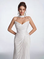 Women's Strapless Ruched Wrap Evening Gown - Dusty Pink Shimmery Chiffon Floor-Length Dress