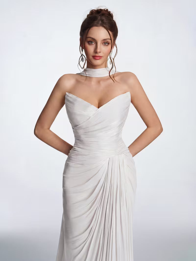 Women's Strapless Ruched Wrap Evening Gown - Dusty Pink Shimmery Chiffon Floor-Length Dress