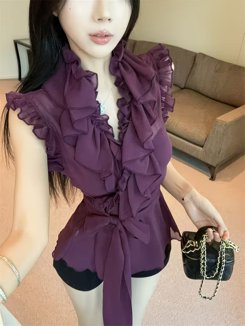 Summer New Purple Ruffled Flutter Sleeves Chiffon Blouse Women'S Sensual Ethereal Waist-Cinching Sleeveless Temperament Top