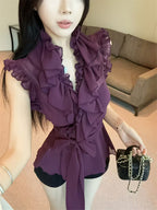Summer New Purple Ruffled Flutter Sleeves Chiffon Blouse Women'S Sensual Ethereal Waist-Cinching Sleeveless Temperament Top