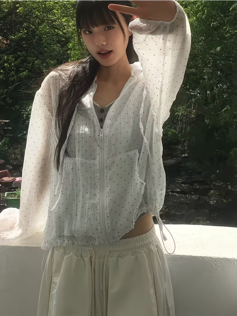 Korean Style Sunscreen Jacket Summer Lightweight Breathable Top Loose Polka Dot Loose Hooded Sweatshirt - Directional