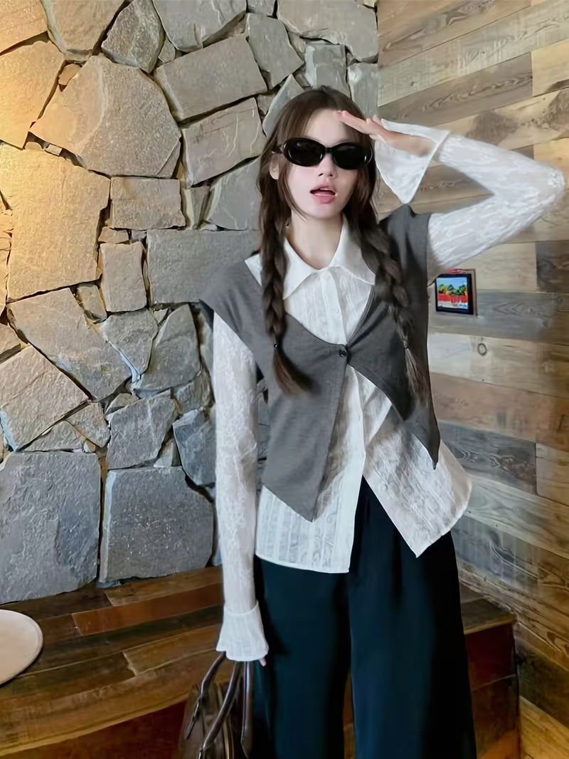 Summer Patchwork Fake Two-Piece Collar Casual Long Sleeve Fashion Easy Style Shirt
