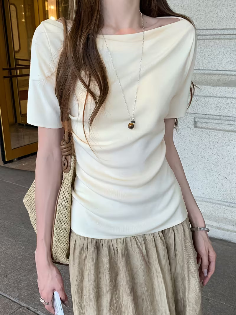 Apricot Peplum Neckline Top with Off-Shoulder Design, Women's New Summer Light Luxury High-End Slim Fit Flattering Short Sleeve T-Shirt