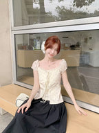 Women's Korean Style Off-Shoulder/ Neck Short Sleeve Top - -Line Tunic Shirt with Puffed Sleeves & Lace Trim, Polka Dot Summer Wear Suitable for /Korean Fashion, Hand Washable Non-Sheer Short Length