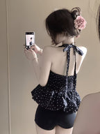 Women' Korean Dongdaemun Sexy V-Neck Halter Top - Backless High Waist Sleeveless Blouse Shirt with Polka Dot Bodice & Bud Hem