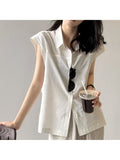 Women'S Blue Linen Short-Sleeve Shirt, Perfect for Autumn Commutes, Featuring Delicate Flutter Sleeves And a Sleeveless -Linen Design