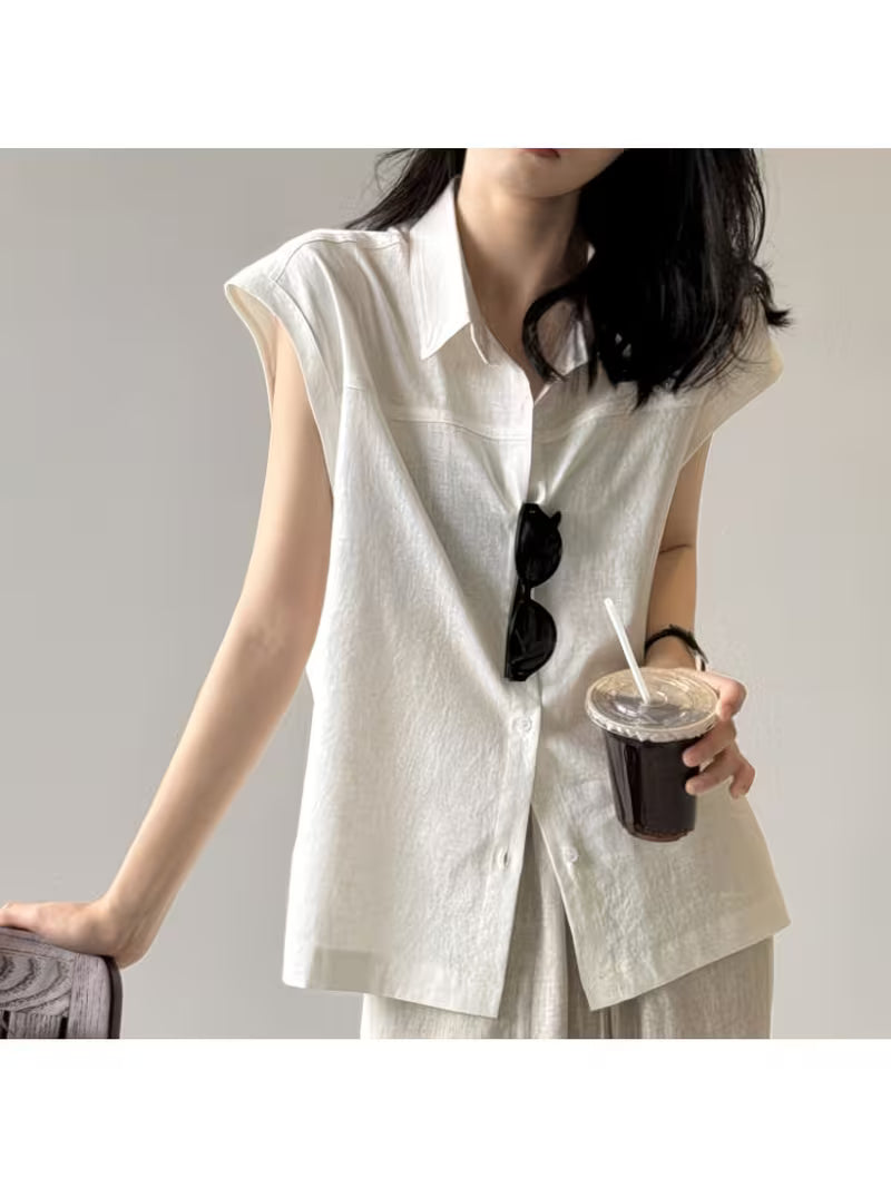 Women'S Blue Linen Short-Sleeve Shirt, Perfect for Autumn Commutes, Featuring Delicate Flutter Sleeves And a Sleeveless -Linen Design