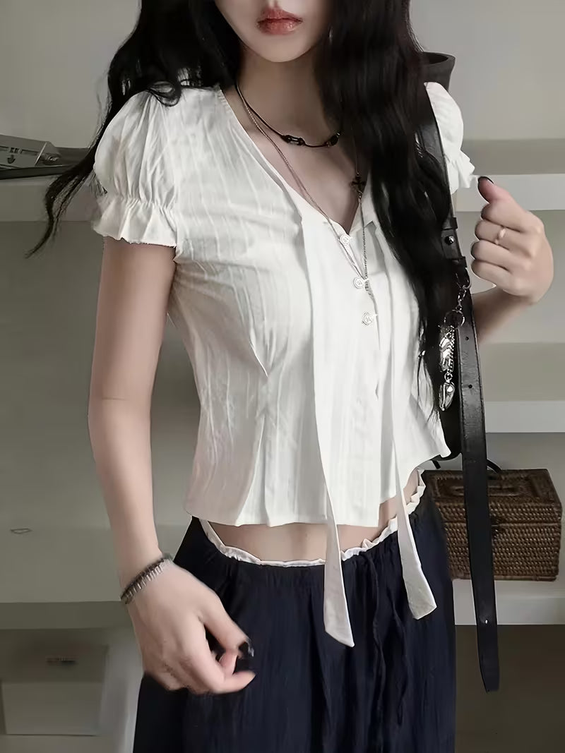 Korean Style New V-Neck Tie-Up Short Sleeve Shirt for Women, Textured Ruched Ruffle Waist-Cinching Cropped Top, Gentle Blouse for Commuting and Dating