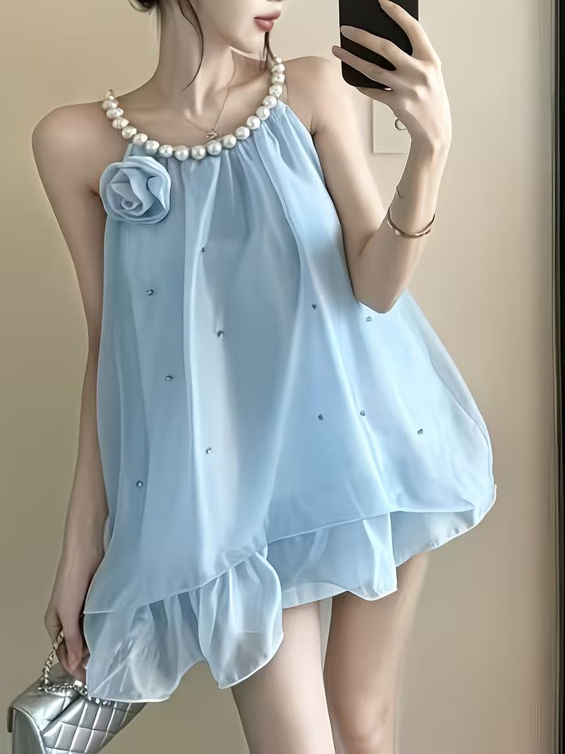 Design Sense Socialite Temperament 3D Floral Pearl Hanging Neck Diamond-Studded Ruffled Camisole Top Women'S Summer Socialite Style Diamond Pearl Hanging Neck Camisole Chiffon Blouse