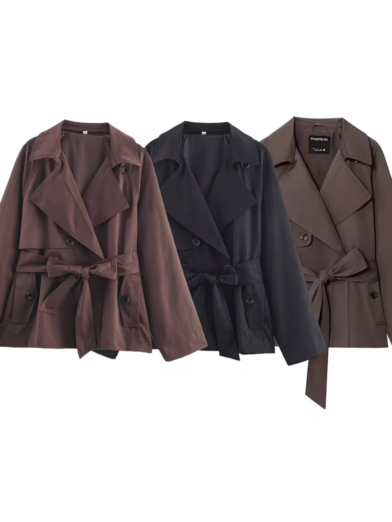 Wide Lapel Epaulet Short Trench Coat Women Detachable Waist Tie Double Breasted Loose Drop Shoulder Long Sleeve Coffee Petite Commuter