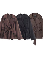Wide Lapel Epaulet Short Trench Coat Women Detachable Waist Tie Double Breasted Loose Drop Shoulder Long Sleeve Coffee Petite Commuter