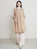 Elegant Pleated Trench Coat for Women, Loose Fit Lapel Long Outerwear with Minimalist High-End Style