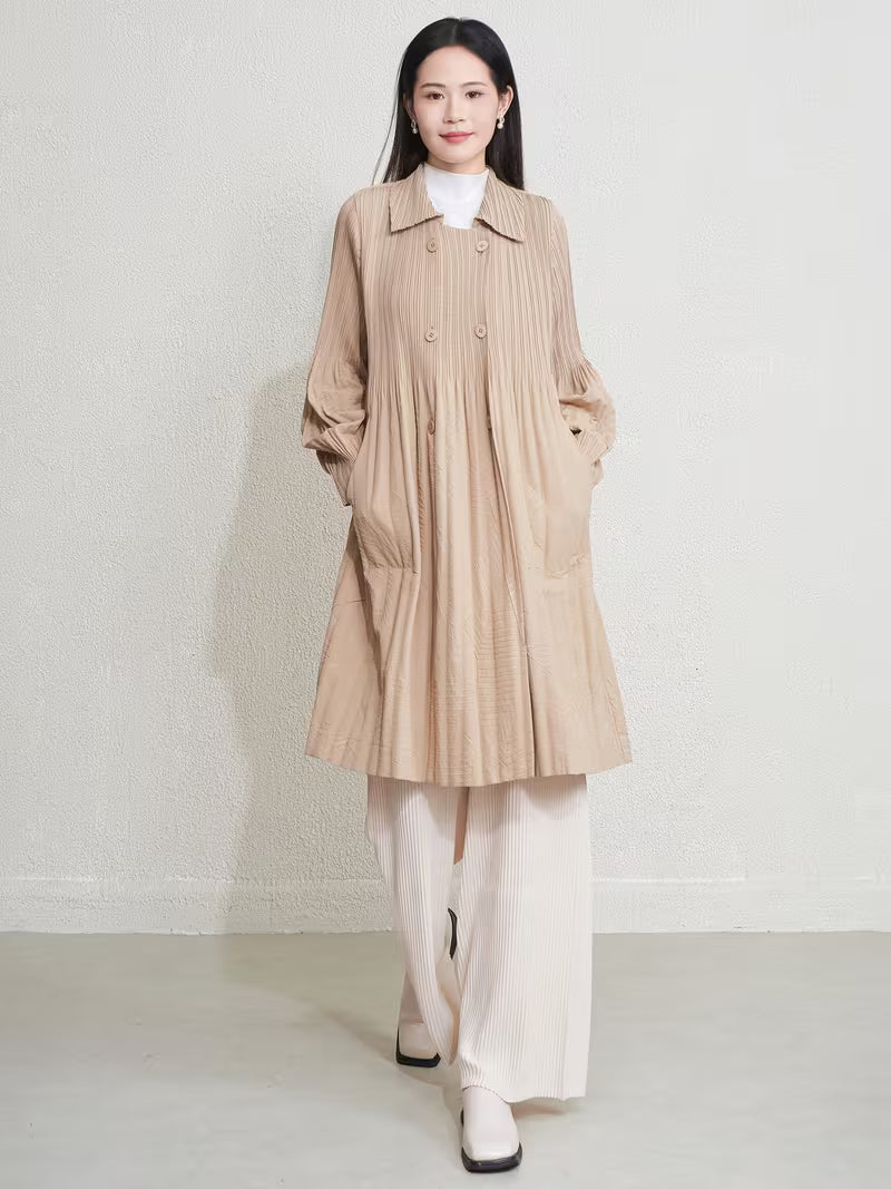 Elegant Pleated Trench Coat for Women, Loose Fit Lapel Long Outerwear with Minimalist High-End Style