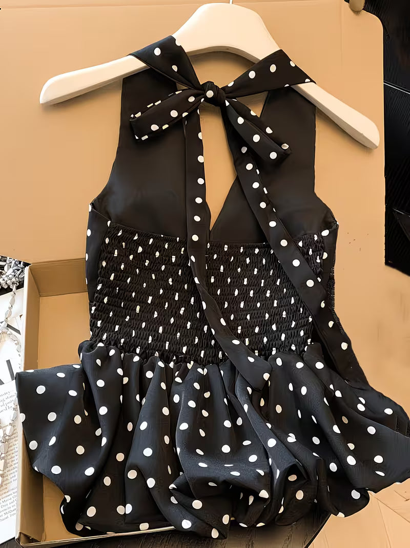 Women' Korean Dongdaemun Sexy V-Neck Halter Top - Backless High Waist Sleeveless Blouse Shirt with Polka Dot Bodice & Bud Hem