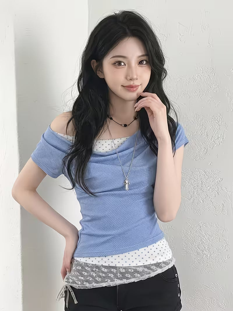 Korean Style Gentle Girly Blue Polka Dot Print 2-in-1 Look Off-Shoulder Women's T-Shirt, Cowl Neck Off-Shoulder Waist-Cinching Hot Short Sleeve Summer New Arrival Daily Wear Women's Top
