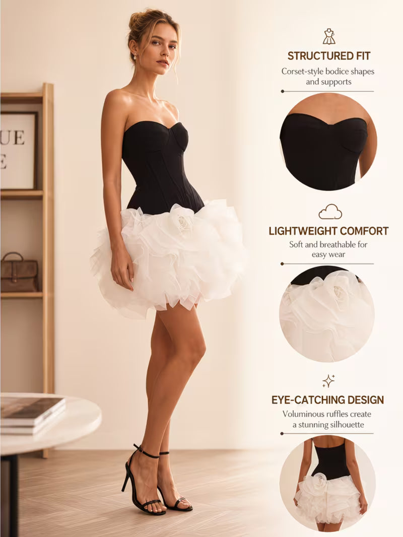 Women's Contrast Color Strapless 2pcs Mesh Short Dress for Date Night and Weekend Casual Wear