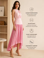 Women Sleeveless Stand Collar Ruched Waist Maxi Dress, Pleated Irregular Hem Split Long Dress for Daily Vacation Office Use