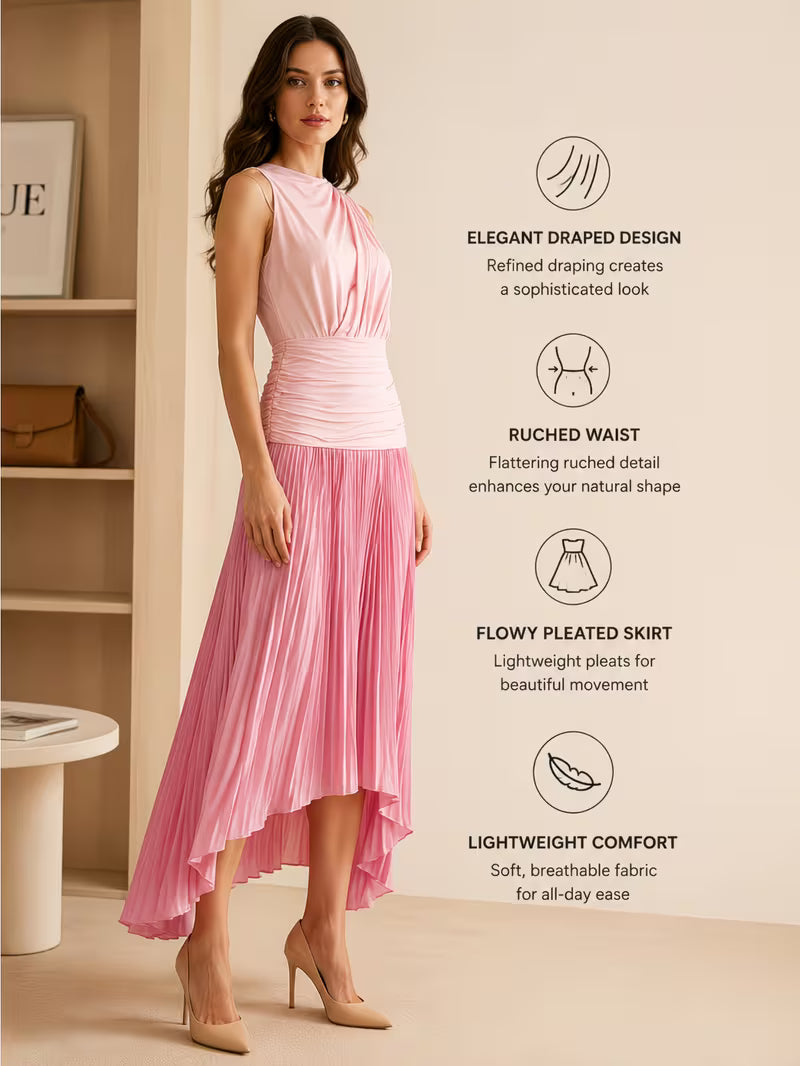 Women Sleeveless Stand Collar Ruched Waist Maxi Dress, Pleated Irregular Hem Split Long Dress for Daily Vacation Office Use