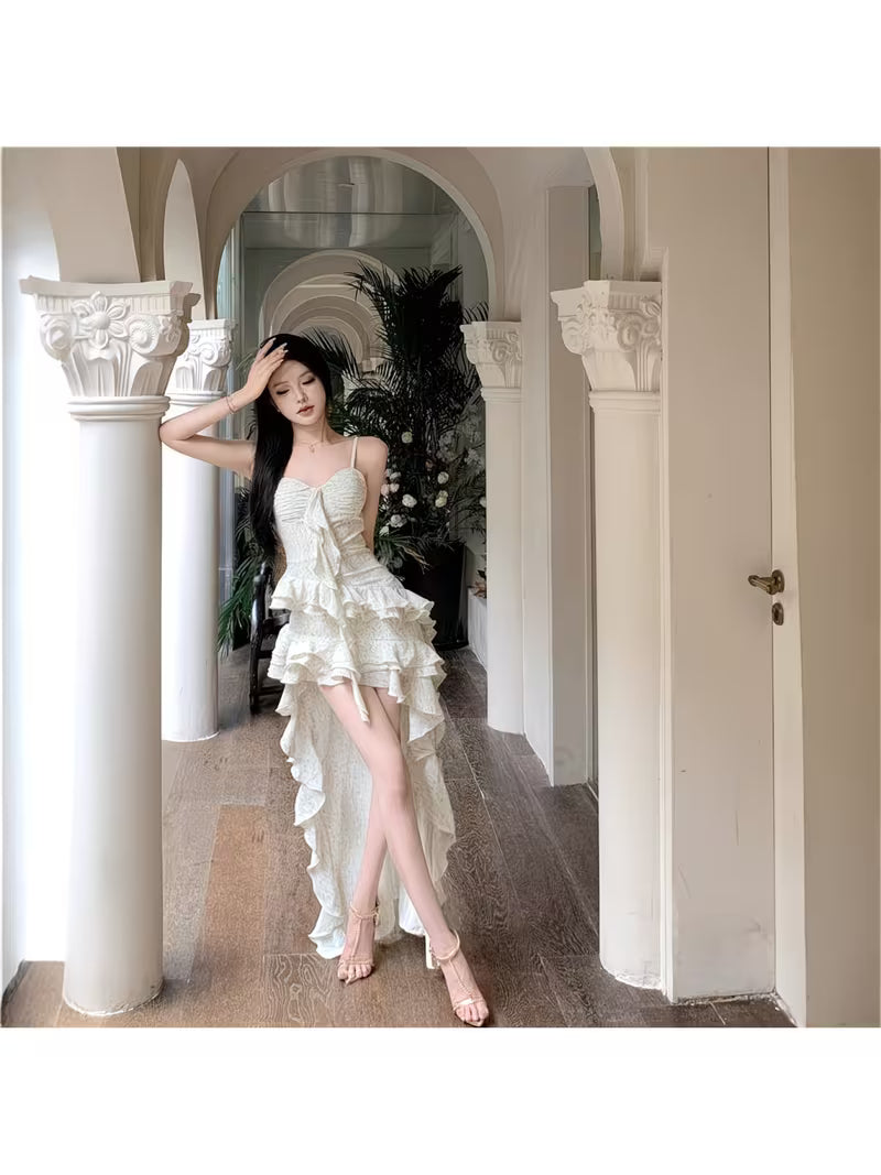 Women's French Style -Line -Neck Slip Dress - Elegant Beach Dress with Irregular Ruffle Hem, Voluminous Maxi Length Suitable for Vacations, Weddings, Parties, Machine Washable Solid Color Dress