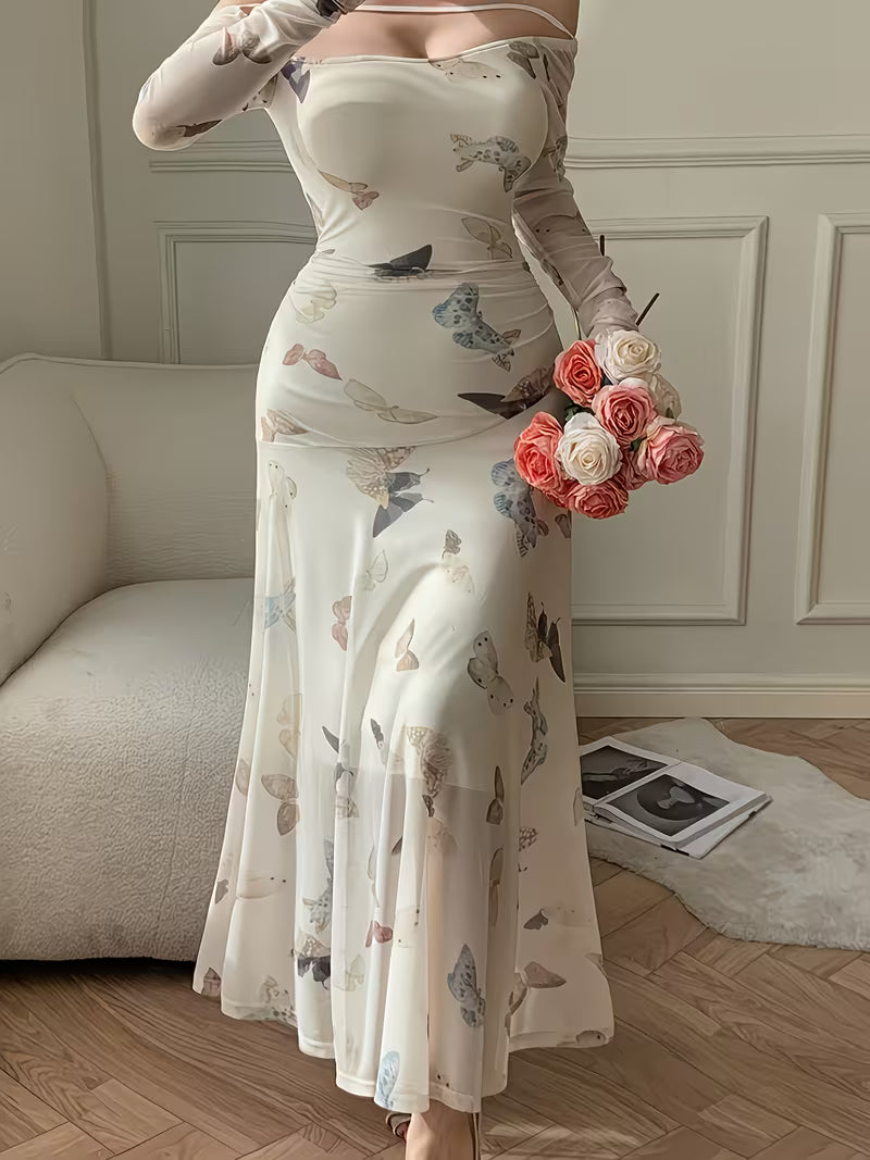 Women's Mesh Butterfly Print Off-Shoulder Slim-Fit Long Sleeve Dress