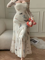 Women's Mesh Butterfly Print Off-Shoulder Slim-Fit Long Sleeve Dress