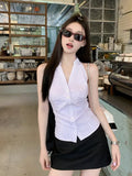 French-Style Cinched Waist Striped Sleeveless Shirt for Women, Summer Slim-Fit Designer Cropped Halter Top