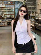 French-Style Cinched Waist Striped Sleeveless Shirt for Women, Summer Slim-Fit Designer Cropped Halter Top