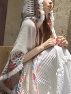 thnic Style Hooded Shawl | Women's, Hollow-Out Fringe Cape Coat, Color Block Hooded Travel Shawl, Loose Fit Cape, Unique Design Niche Hooded Fringe Shawl, Outerwear Ethnic Style Cape Coat with Hood