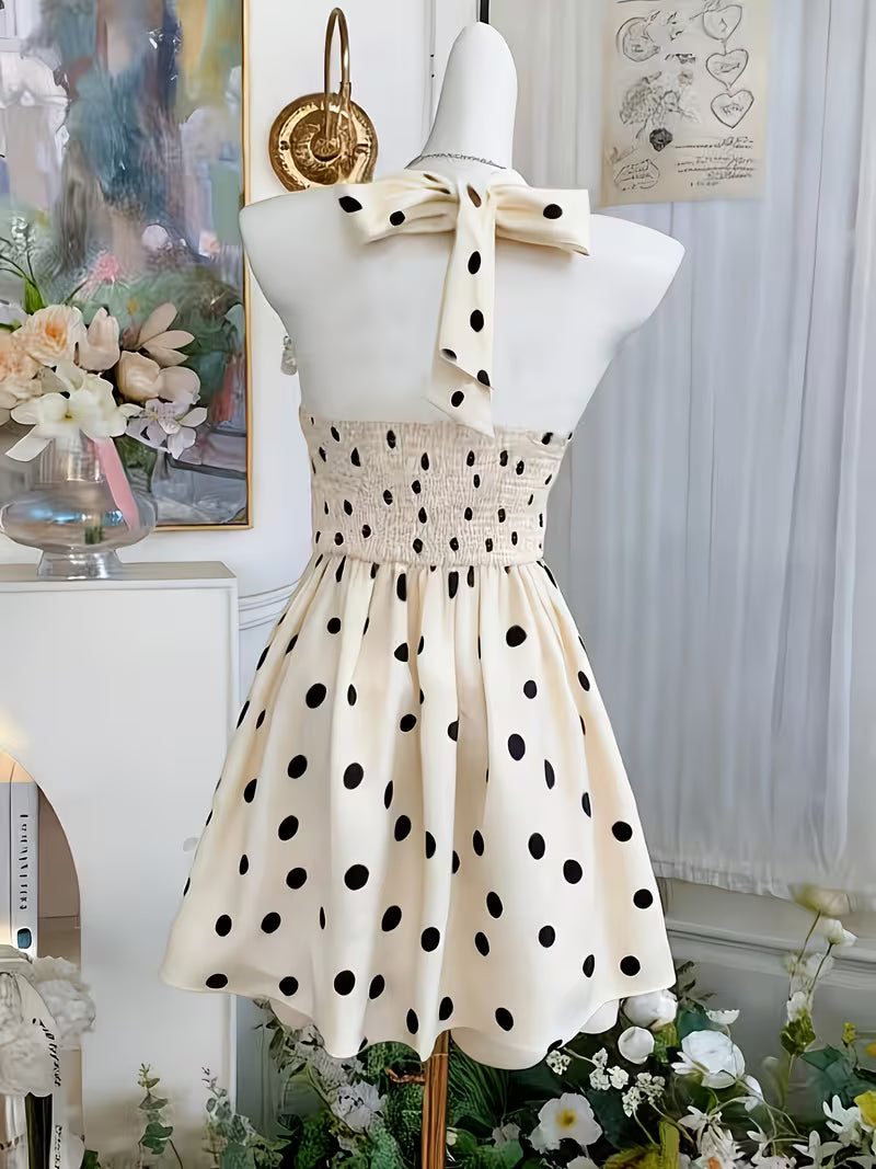 Cream Black Polka Dot Halter Neck Short Skirt, Gentle Style V-Neck Ruffled High-Waist Sweet A-Line Princess Dress