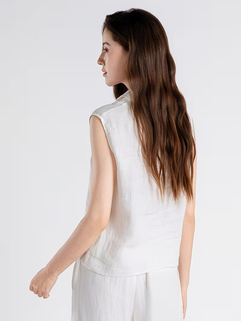 Women's 100% Linen LP Vest Blouse Trim Polo Neck Sleeveless Polyester Lining Summer Daily Top