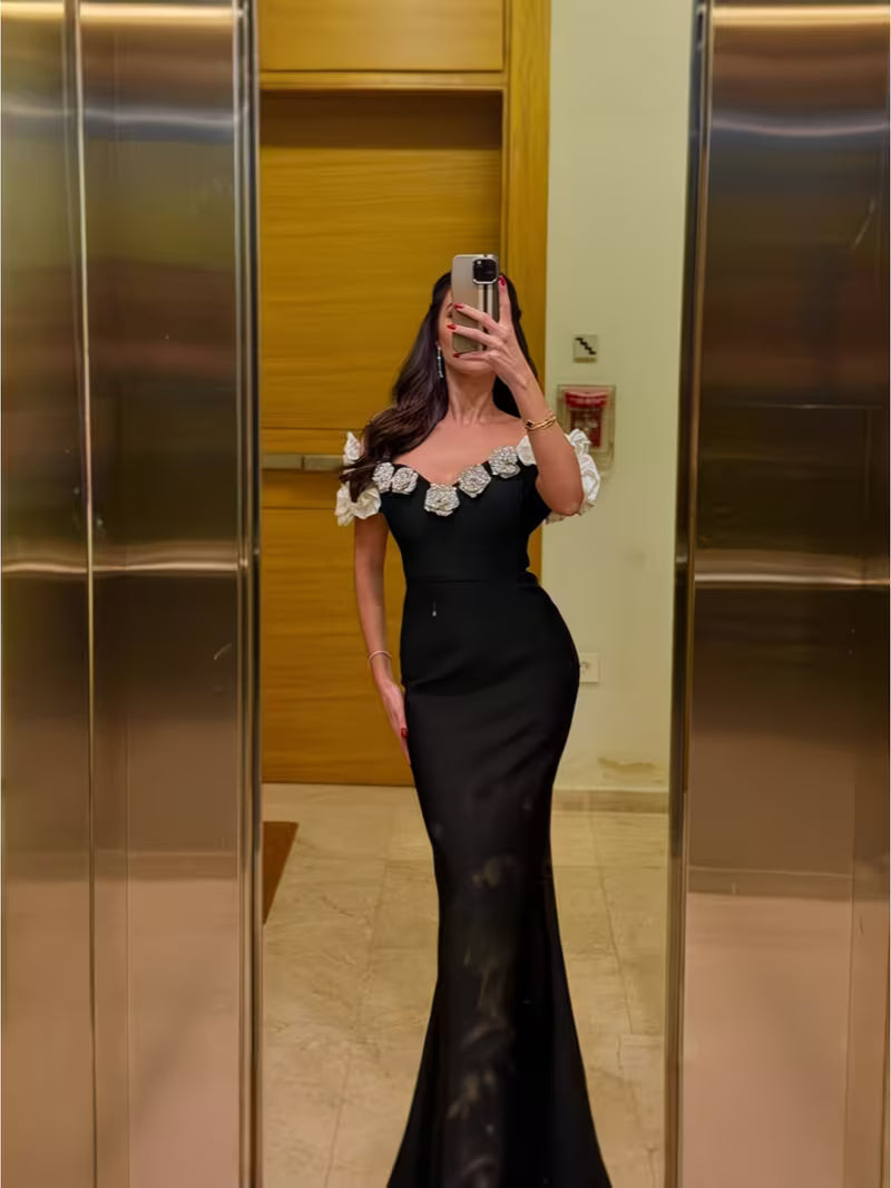 Women Off-Shoulder Mermaid Formal Maxi Dress Floral Decor Fitted Waist Evening Gown Elegant Outfit for Wedding Guest Prom Red Carpet Banquet Party
