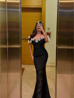 Women Off-Shoulder Mermaid Formal Maxi Dress Floral Decor Fitted Waist Evening Gown Elegant Outfit for Wedding Guest Prom Red Carpet Banquet Party