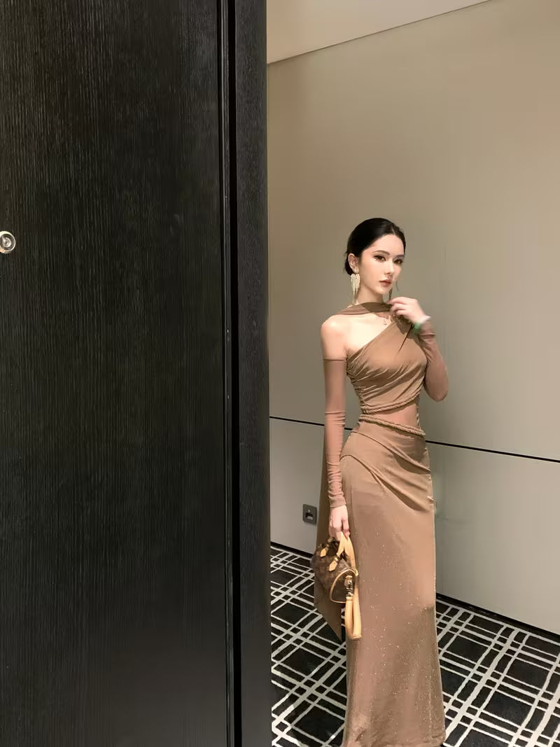 Original Design French-Style Vintage Braided Braid Mesh Hollow-Out Patchwork Off-Shoulder Slim Fit Gown Long Dress