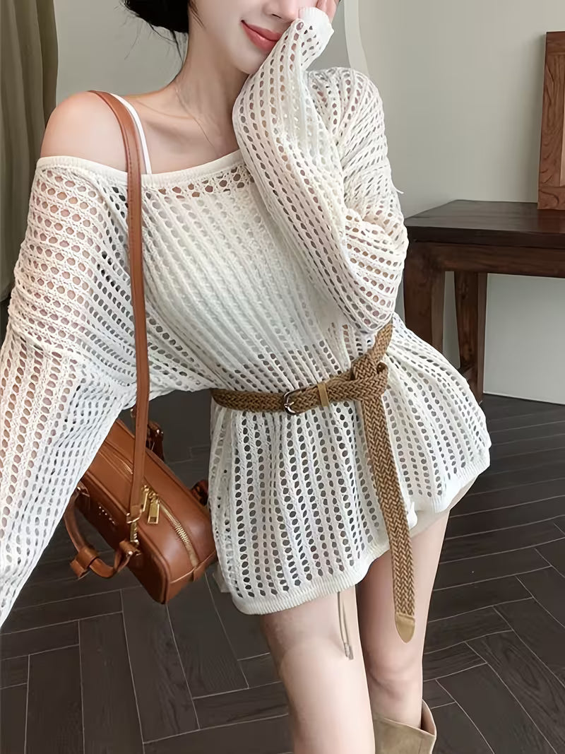 Bohemian Off-Shoulder Fishnet Cover-Up for Beach Vacation, Women's Spring/Summer Hot Midi Top