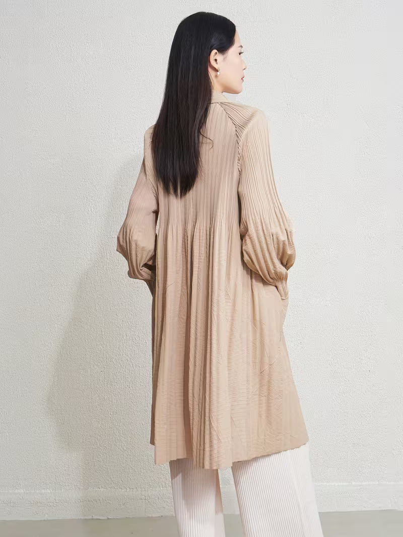 Elegant Pleated Trench Coat for Women, Loose Fit Lapel Long Outerwear with Minimalist High-End Style