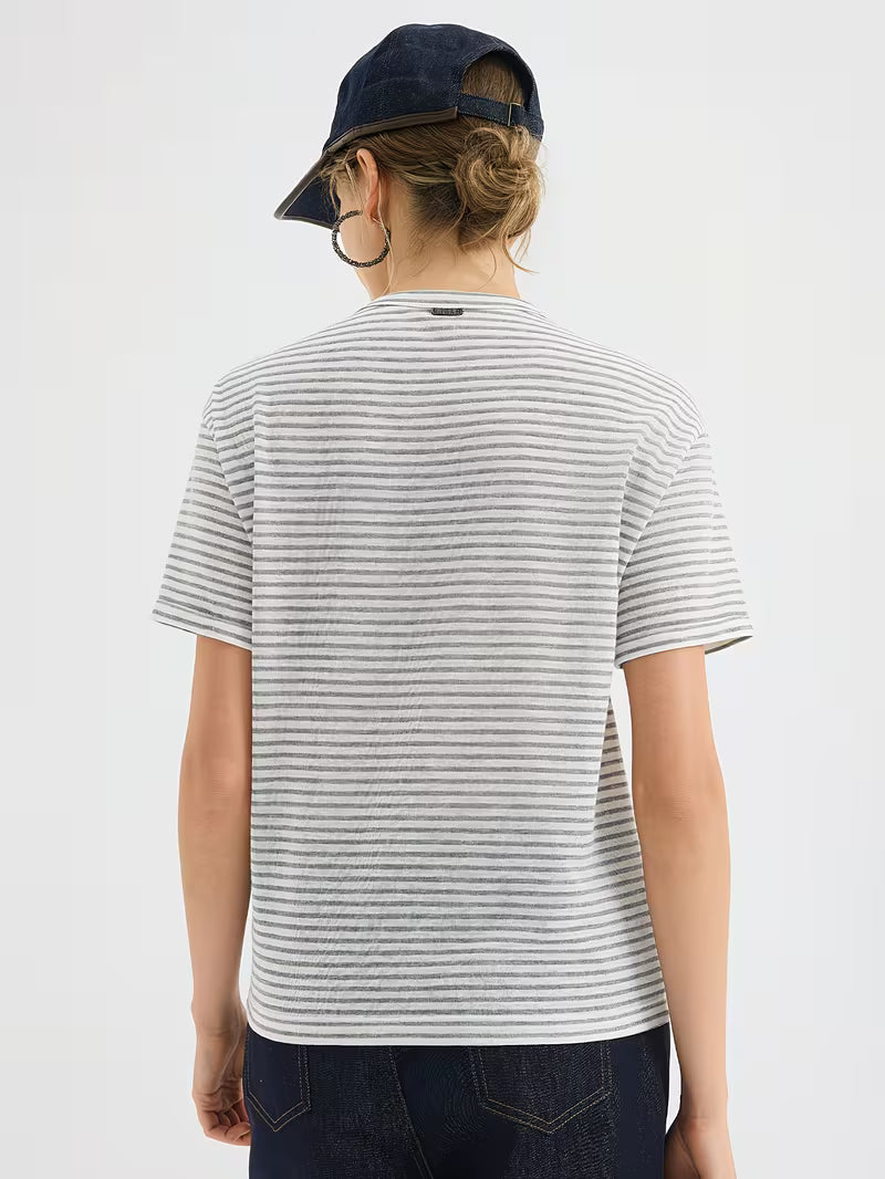 Women's Viscose Striped T-Shirt - Soft Round Neck Short Sleeve Suitable for Summer Casual & -Casual Wear, -Line Regular Fit -Fit Top, Non- Suitable for Office, Semi-Formal Events, Year-Round Layering