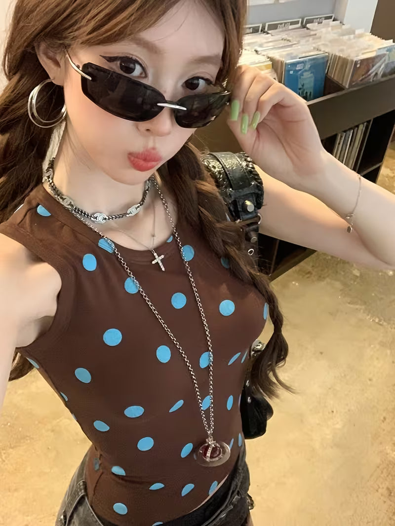 In-Stock High-Quality French-Style Unique Round Neck Camisole Tank Top, Summer Lightweight Polka Dot Print Sleeveless Cropped Simple Versatile Top