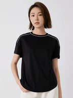 Women'S Spring And Summer T-Shirt with Short Sleeves, Crew Neck, Relaxed Fit, Drop Shoulders, Contrast Stitching, Curved Hem
