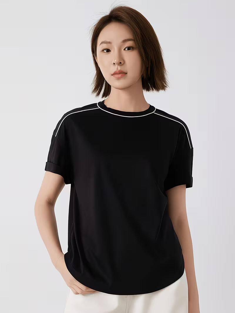 Women'S Spring And Summer T-Shirt with Short Sleeves, Crew Neck, Relaxed Fit, Drop Shoulders, Contrast Stitching, Curved Hem