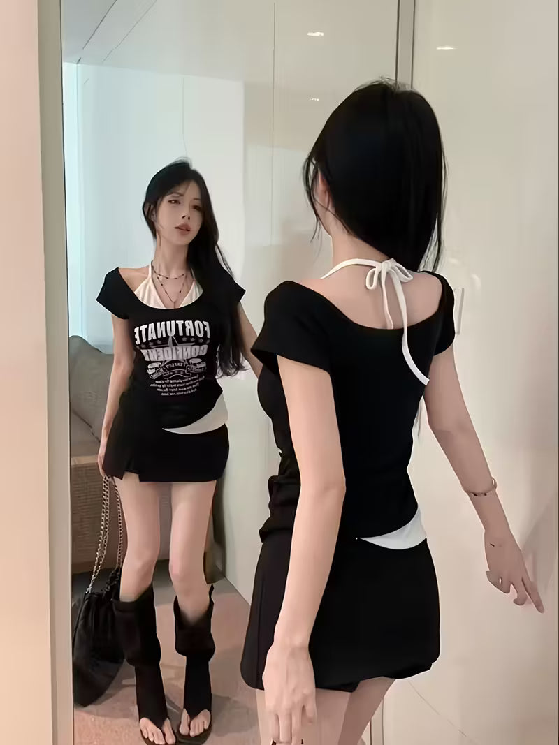 Letter Print Short-Sleeve T-Shirt for Women | Summer Design, Unique Faux Two-Piece Top, Trendy Halter Tank Top for Layering or Wearing Alone, Cropped Style