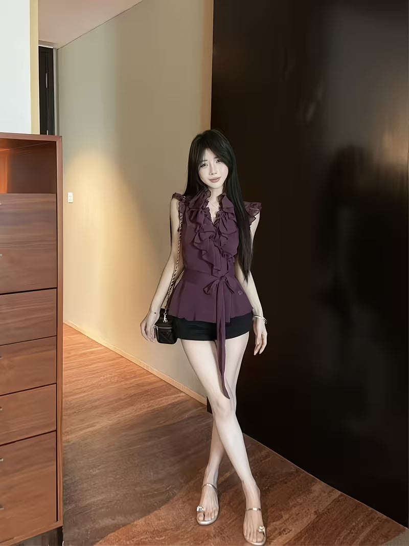 Summer New Purple Ruffled Flutter Sleeves Chiffon Blouse Women'S Sensual Ethereal Waist-Cinching Sleeveless Temperament Top