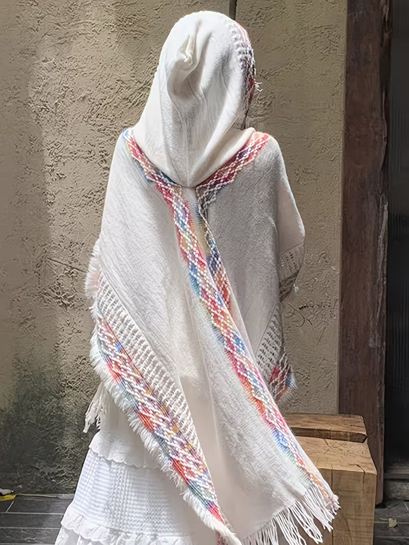thnic Style Hooded Shawl | Women's, Hollow-Out Fringe Cape Coat, Color Block Hooded Travel Shawl, Loose Fit Cape, Unique Design Niche Hooded Fringe Shawl, Outerwear Ethnic Style Cape Coat with Hood